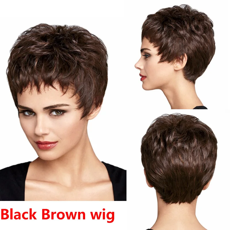 Womens Fashion Short Wavy Wig Natural Black Brown Curly Wig Short