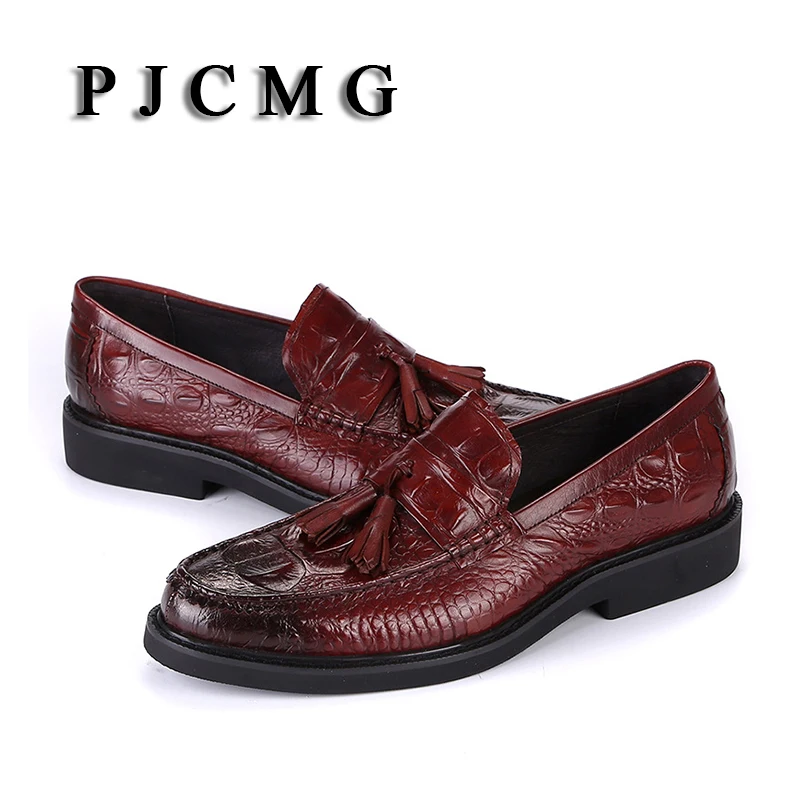 PJCMG/Модные Мужские модельные туфли из натуральной кожи на плоской подошве с острым носком без застежки с узором «крокодиловая кожа» с кисточками; сезон весна-осень