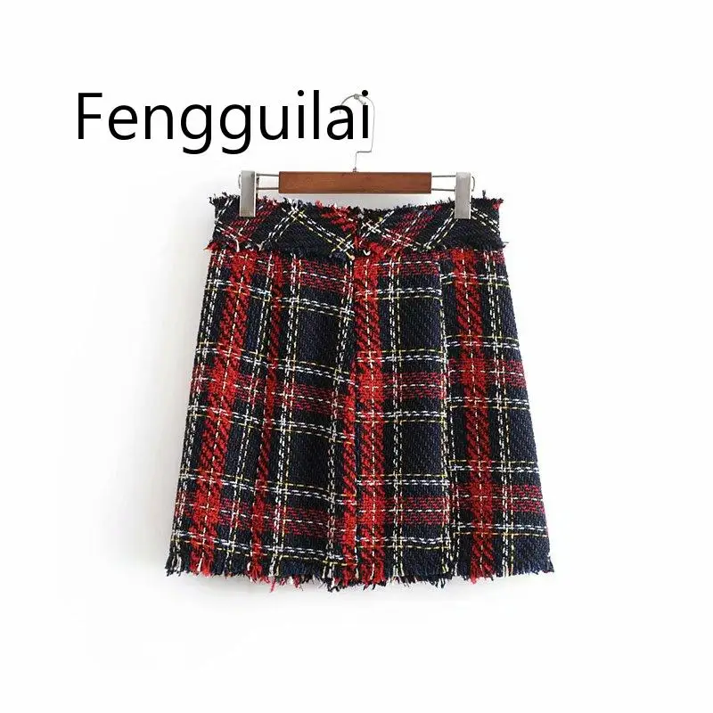 Autumn Winter Fashion  Tweed Skirt Suits Women Mini Skirt Elegant Office Lady Double Breasted Frayed Checked Plaid Blazer Casaco