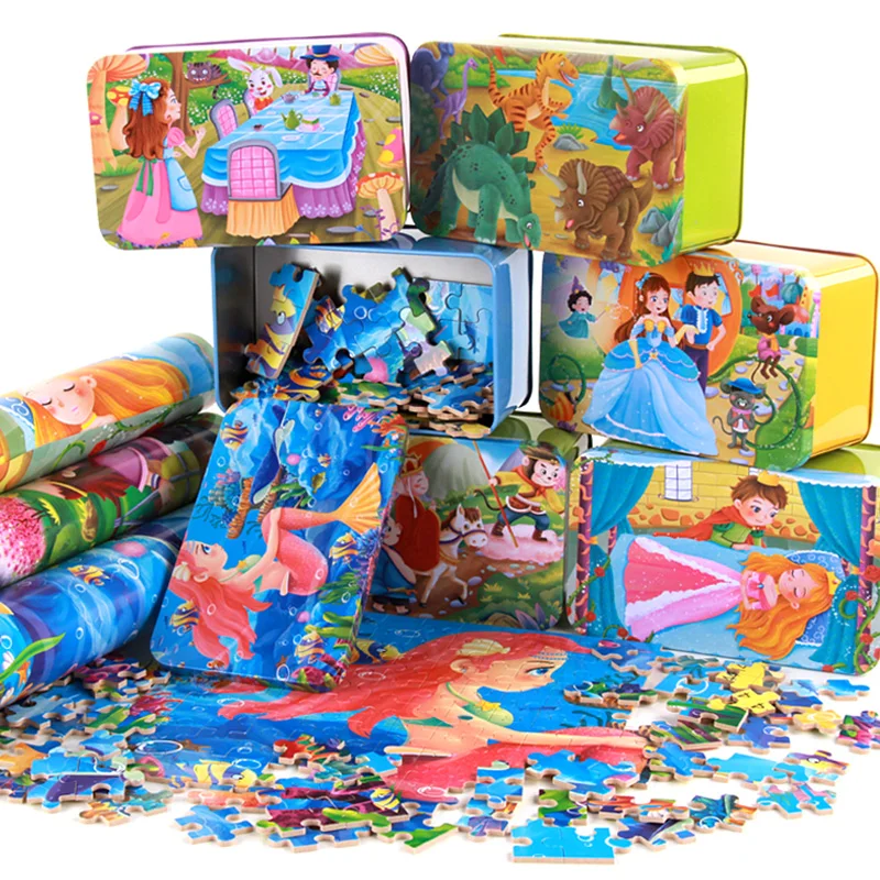 

100 Pieces of Tin Box Puzzle Toys Baby Early Lessons Intelligence System of Wood Puzzles