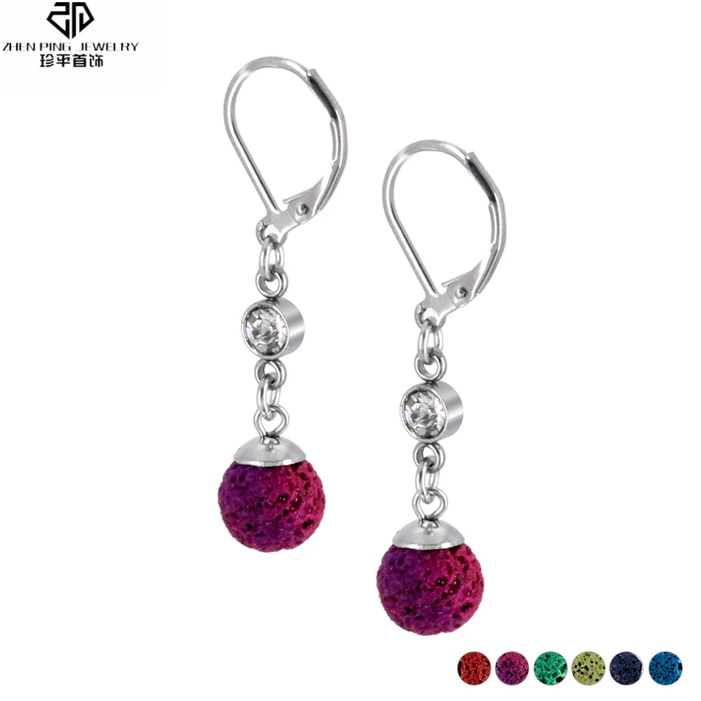 

Stainless Steel Drop Earrings Round Aromatherapy Lava Beads Colored Volcanic Stone Essential Oil Diffuser Earrings