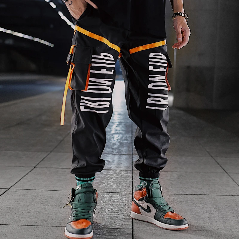 

Letter Print 2019 Casual Cargo Joggers Pants Men Patchwork Ribbon Hip Hop Men's Dance Pants Streetwear Muti Color trousers Male