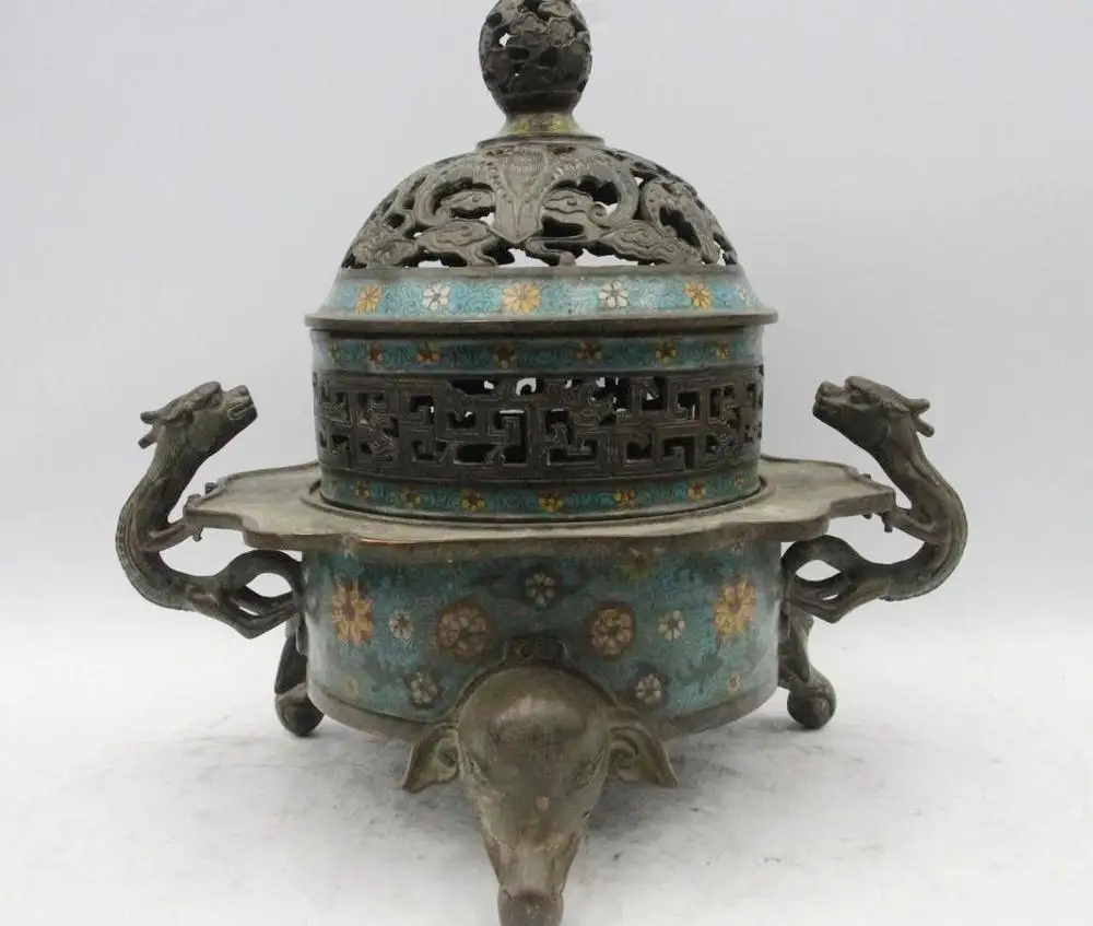

China Pure Bronze Copper Cloisonne Elephant Dragon Lug Bat Incense Burner Censer