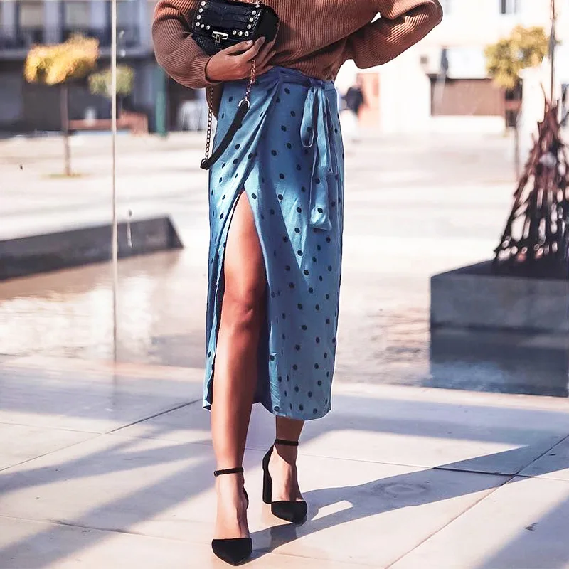 

Fashion Satin Polka Dot Skirt Women Summer High Waist High Street Casual Long Skirt Female Wrap Sashes Skirts