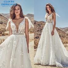 Кристалл Кружева Линия свадебное платье Аппликации Часовня Поезд Vestige De Noiva размера плюс платье невесты