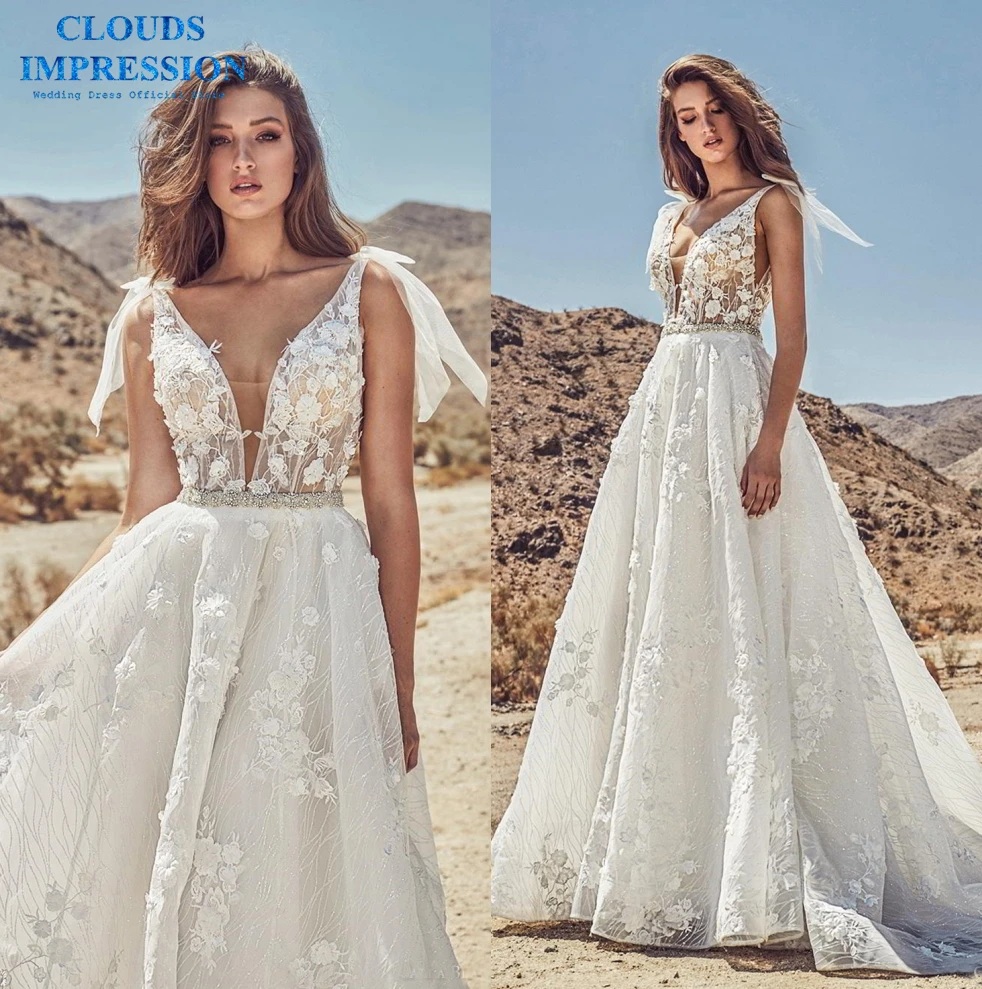 

CLOUDS IMPRESSION Crystal 2019 Lace A Line Wedding Dress Appliques Chapel Train Vestige De Noiva Plus Size Bride Dress