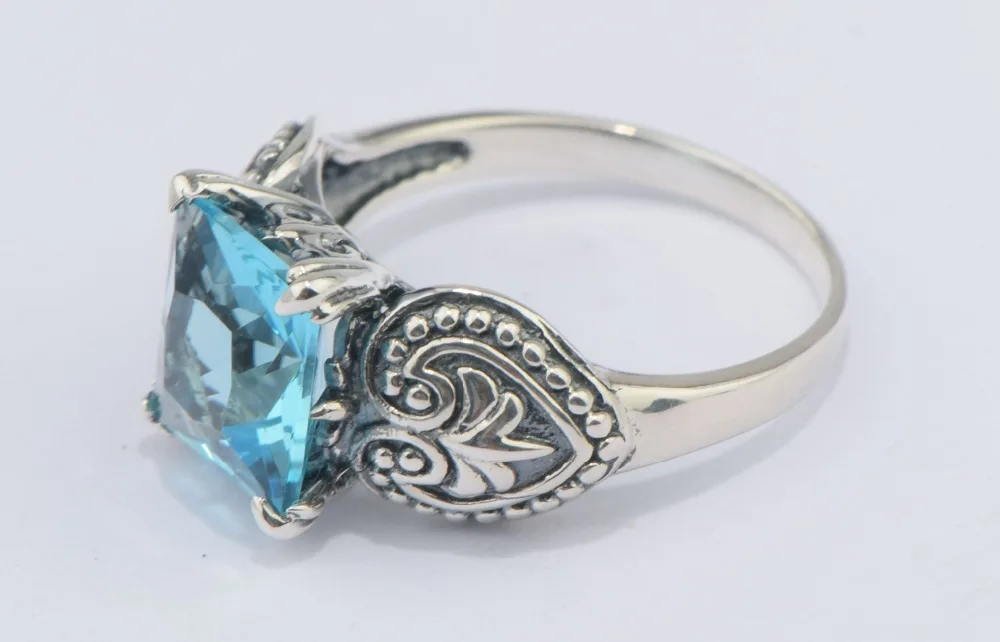 Szjinao Gleaming elegant blue stone crystal 925 sterling silver series engraving heart-shaped silver ring wedding jewelry
