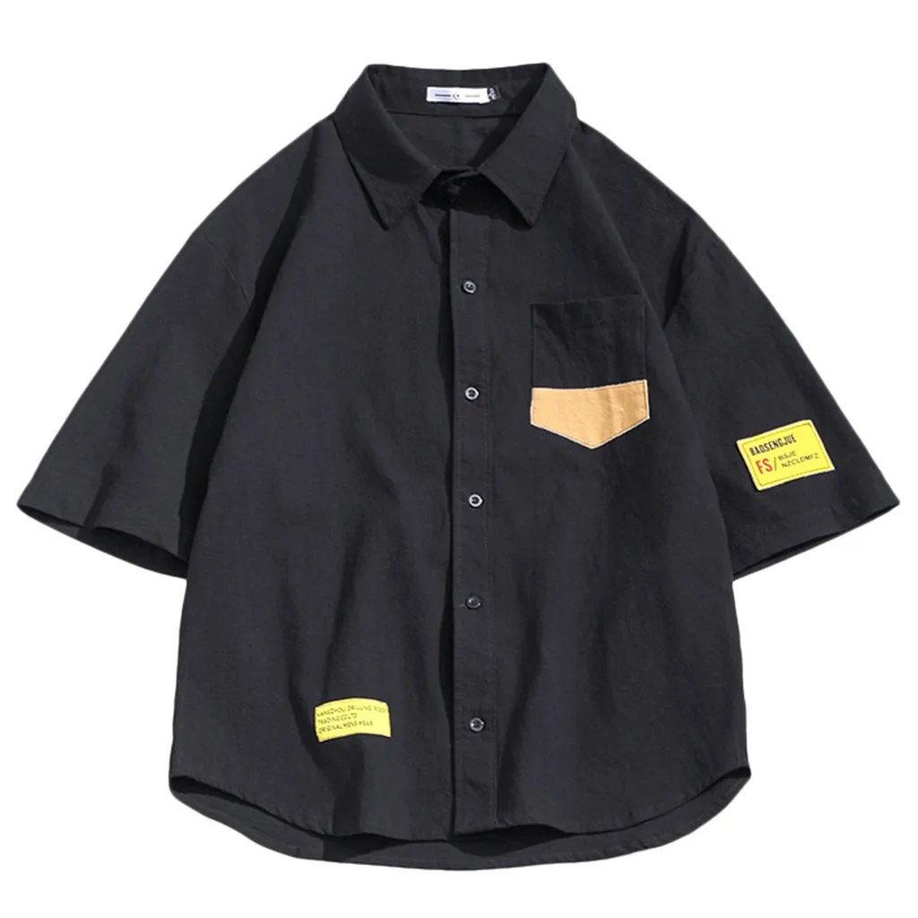 

Mens Linen Breathable Blouse Loose Shot Sleeve Letter Printed Chest Pocket Shirt tooling hip hop streetwear Men Brand Clothing