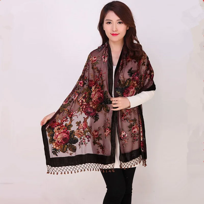 

High Quality Flowers Chinese Female Velvet Silk Beaded Shawls Handmade Embroidery Scarves Scarf Long Fringe Pashmina StoleChal