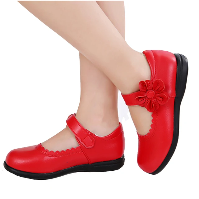 Red Girls Flowers Children Genuine Leather Single Shoes For Teens Girls