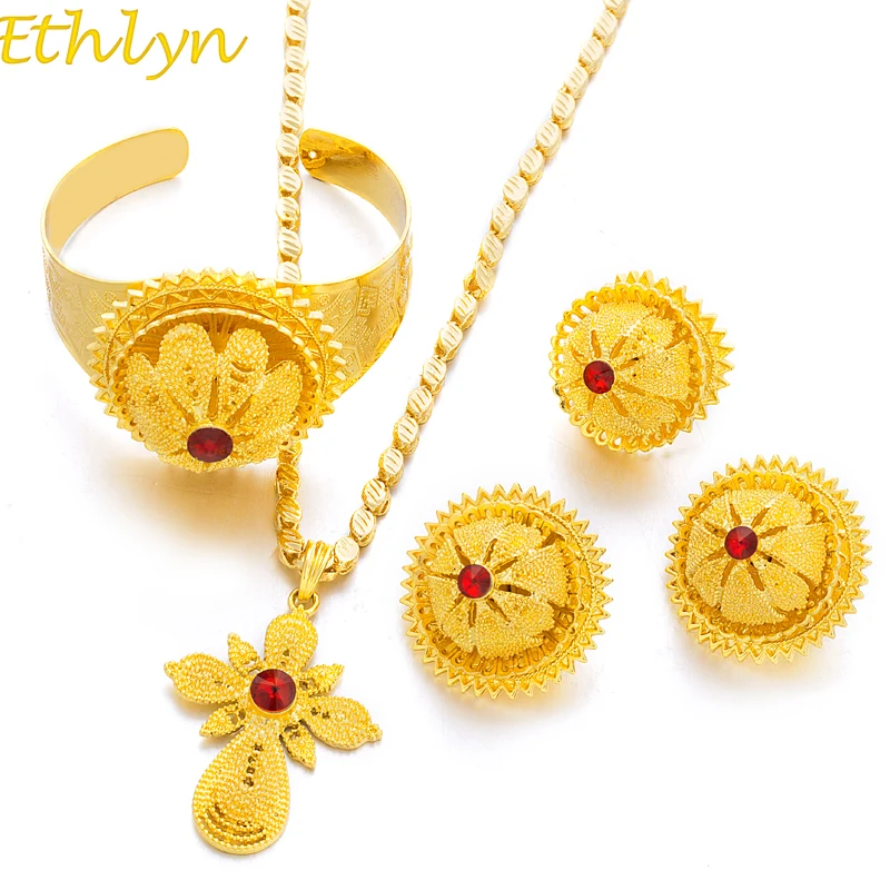Ethlyn красный камень большой эфиопское золото Цвет Для женщин Ювелирные наборы с Эфиопский ручной работы цепочка Ювелирные наборы Эритрея элементы S182