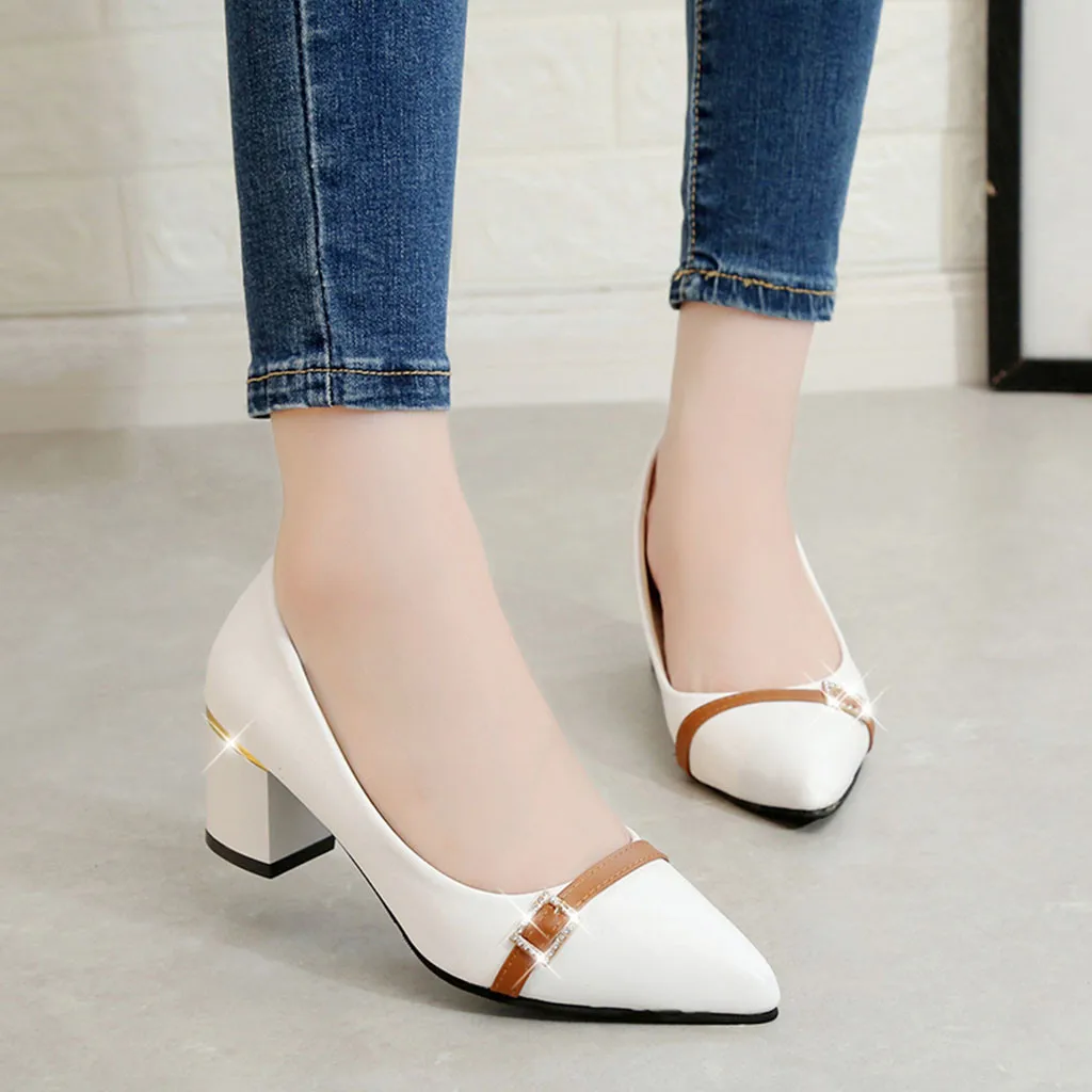

Women Ladies Fashion Pointed Toe Square Heel Loafers Casual Shoes Single Shoes #XTN