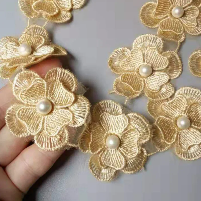 10PCS Gold Pearl Flower DIY Soluble Wedding Lace Lace Trim Knitting Embroidered Handmade Patchwork Ribbon Sewing Craft 4.5CM
