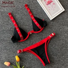 Новинка, регулируемый купальник с пуговицами, женский купальник, красный, черный, сексуальный бикини, на бретелях, купальник, Maillot De Bain, женский купальник