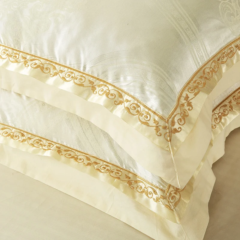 Waliicorners Gold Silver Beige Luxury Silk Jacquard Bedding set Queen King size Duvet cover set Embroidery Bed sheet Linen set Pillowcases 12 12