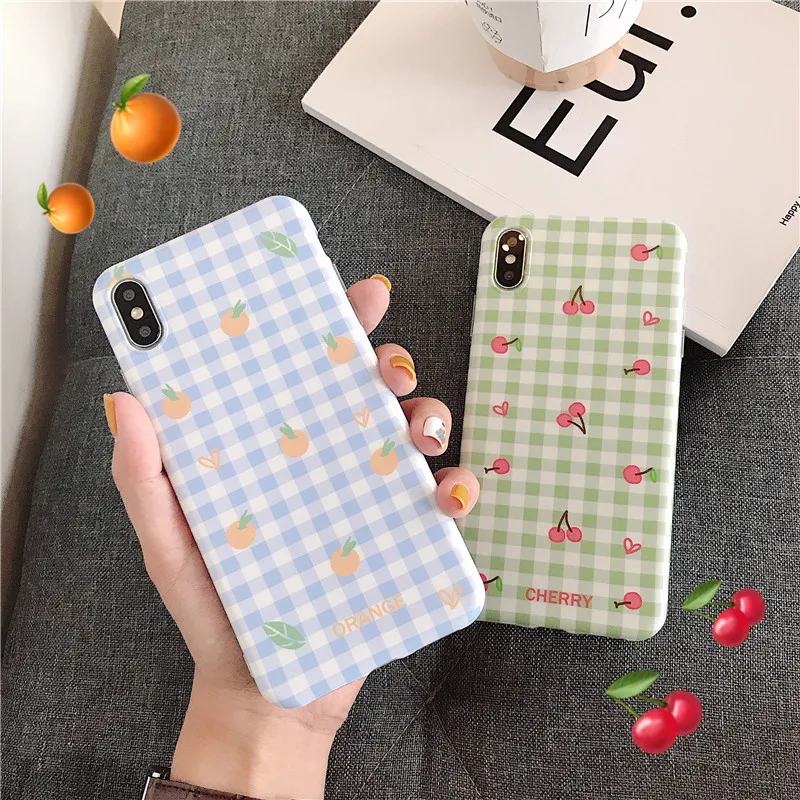 

For Iphone X Case Matte Soft IMD TPU Fresh Grid Cherry Orange Patterned Phone Cases for Iphone Xr X 6 6s 7 8 Plus Xs Max Case