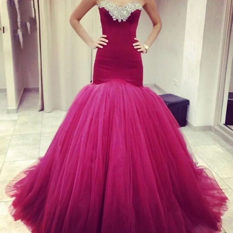 2017 Stunning Burgundy Mermaid Evening Gowns Sweetheart With Beads Fuchsia Long Women Prom Party Dresses Vestido De Festa Longo