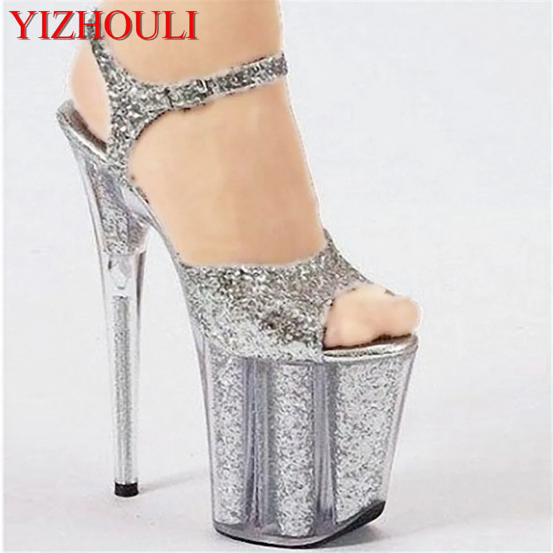 

Fashion sequined vamp color transparent high heels, catwalk show 20 cm performance sandals