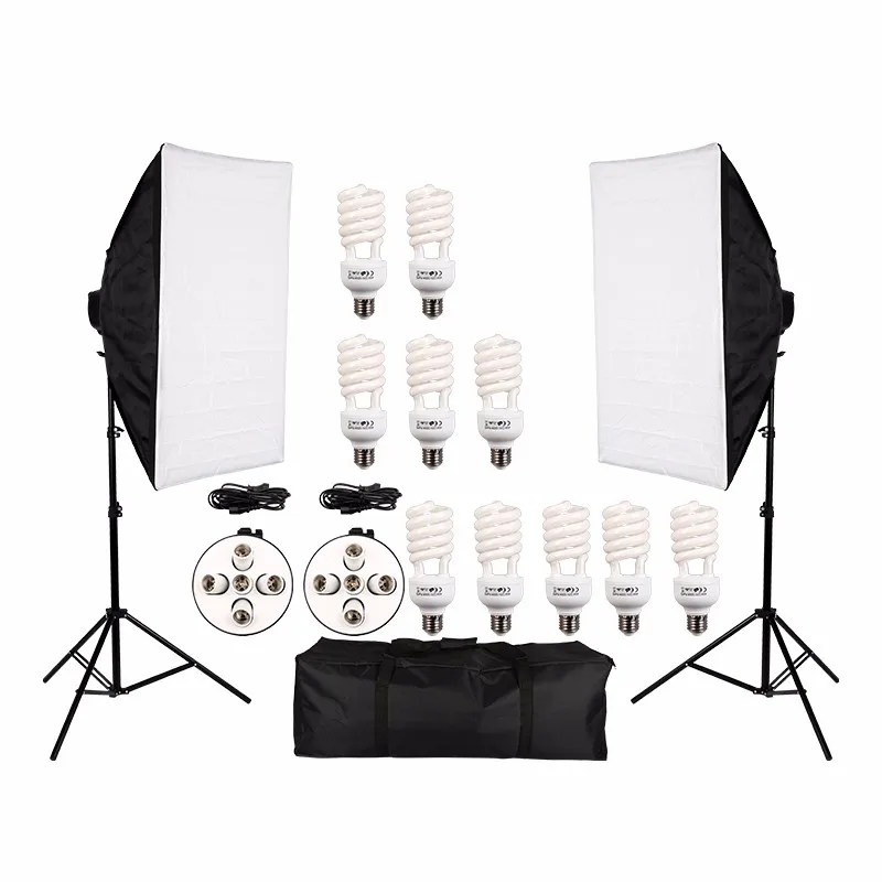 

Good Quality Photo Studio Video Continuous Lighting Kit Photography Light Stand Two 50 * 70cm Softbox Ten Bulbs Two Light Holder