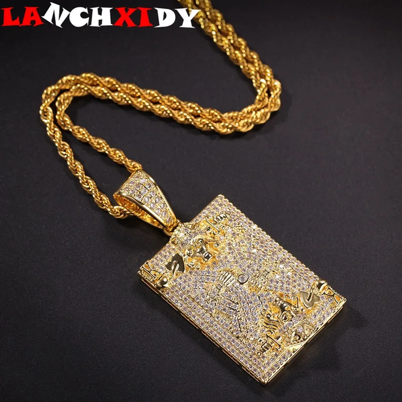 

Hip Hop Poker Men Necklace Square Peach Heart K Skeleton Ice Zircon Necklaces Pendants Plating Personality Woman Pendant Jewelry
