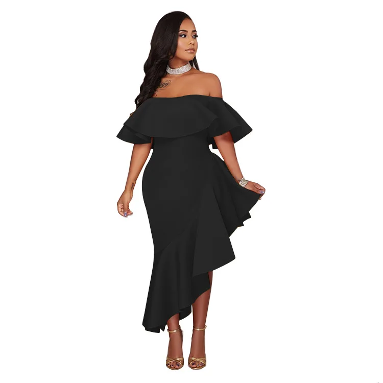 

2019 Summer sexy off shoulder Slash neck Ruffles Asymmetrical Long Dress Women Vintage Elegant Classy Robe Club Party Dresses
