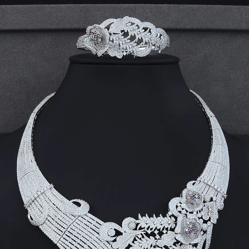 Luxury Peacock Tail Wedding Engagement Stage Occasion Necklace Bracelet Earring Ring Jewelry Sets High Quality Cubic Zirconia