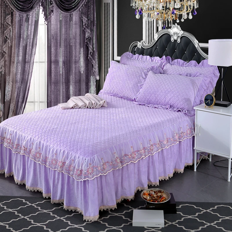 Lace Embroidey Princess Bedding Bed Cover Crystal velvet Thick Bed