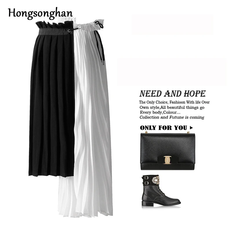 Hongsonghan,, весна-лето, высокая талия, облегающая, женская, смешанный хлопок, сплайсинга, шифоновая юбка, плиссированные юбки, длинная, плиссированная юбка