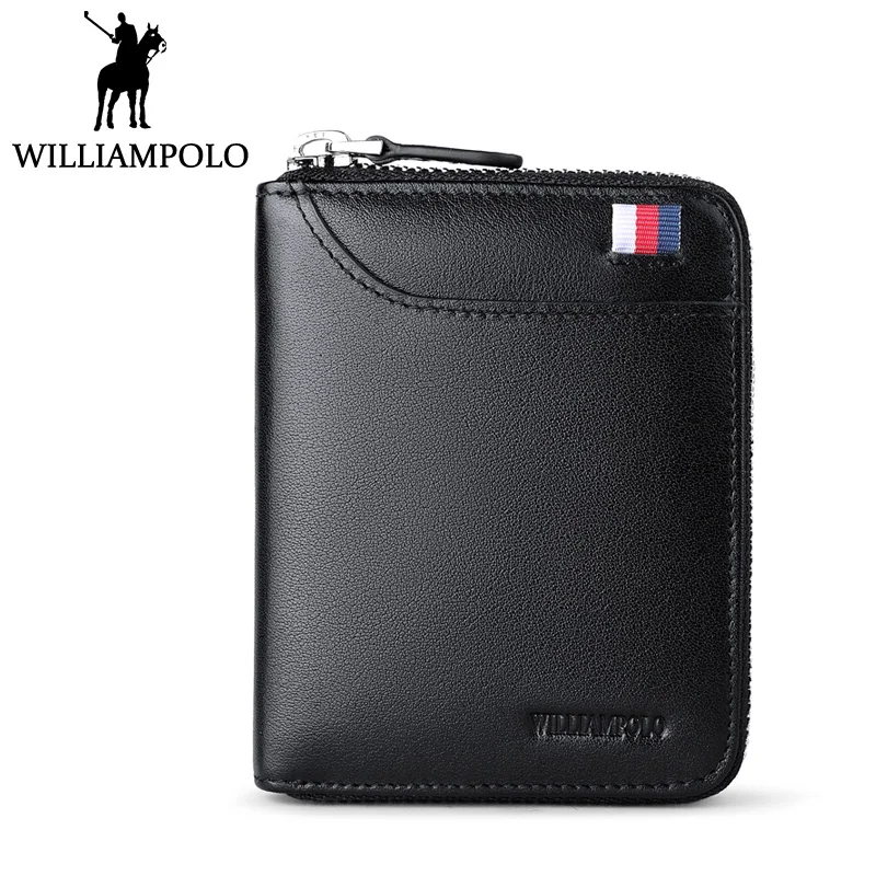 

WilliamPOLO Zipper Pouch Small Wallet Men Leather Purse Mini Wallet Short Card Hodler Black Brown