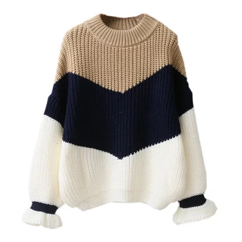 

Autumn Winter Women Striped Sweater 2018 Fashion Loose Ruffle Sleeve Padded Knitting Pullover Sweater Jumpers Female Pullovers