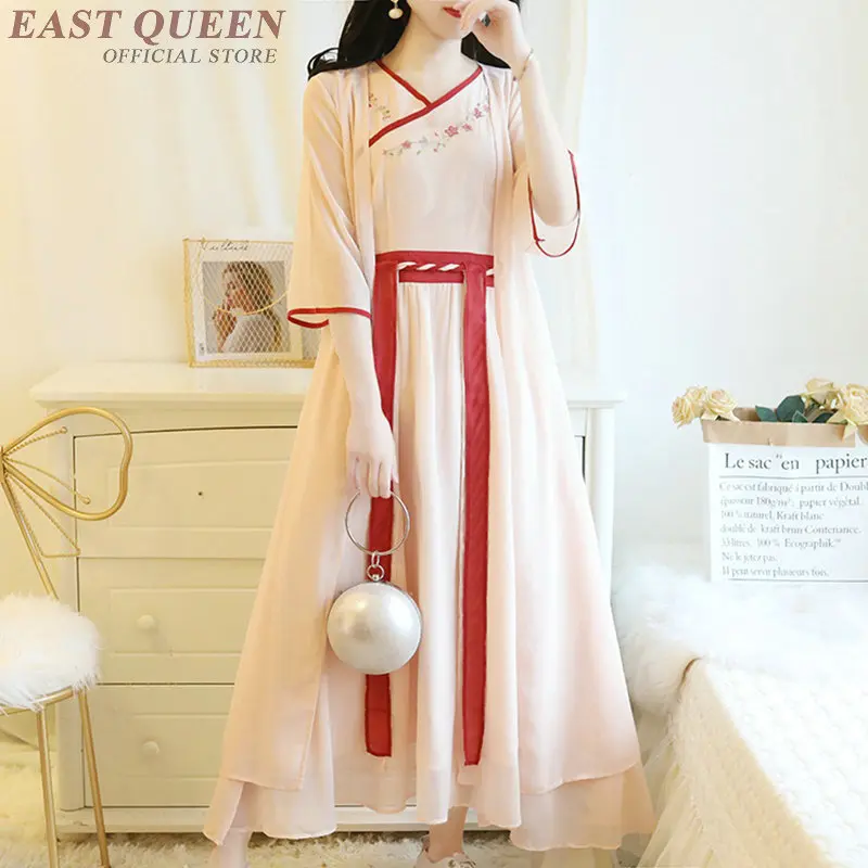 Традиционная китайская одежда для женщин, короткий рукав, халат, Винтаж, Femme, вышивка, шифон, два стиля, Hanfu, платье, TA1707