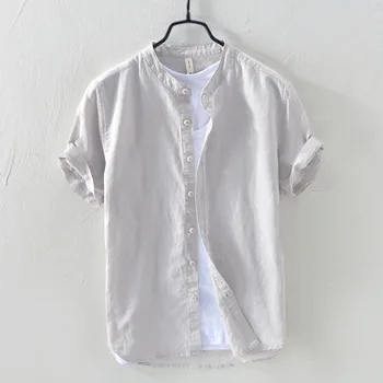 

New Linen Cotton Mens Shirts Luxury Solid Color Stand Collar Male Shirts Hight Quality Fashion Solid Color Slim Fit Shirt Man