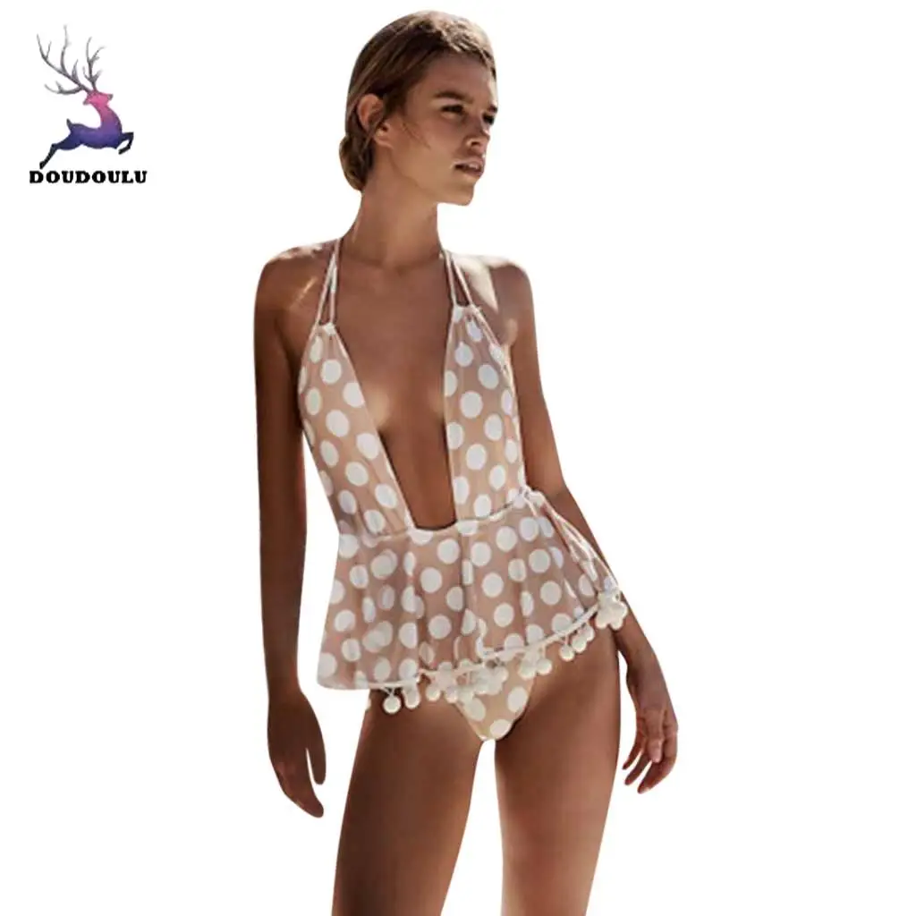 

DOUDOULU 2018 Women's V-neck Point Tie With Beach Bikini Sexy One-Piece Swimsuit women push up vrouwen biquini Ladies #30