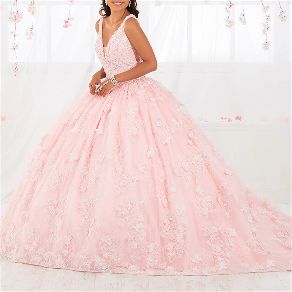 

Vestidos De 15 Ball Gown Robe De Baln Deep V-neck Flowers Feathers Appliques Lace Pink Tulle vestidos de quinceanera dresses