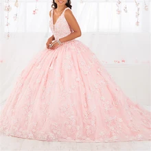 Vestidos de 15, бальное платье, халат De Baln, глубокий v-образный вырез, цветы, перья, аппликация, кружево, розовый тюль, vestidos de quinceanera, платья