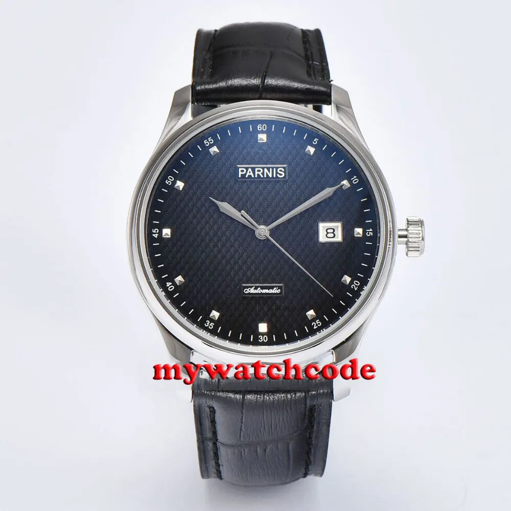 

43mm parnis black dial date window seagull automatic mens watch P696