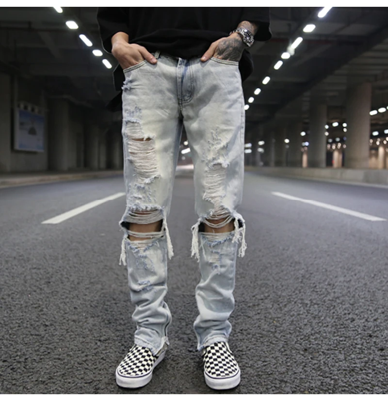 Bottom Zipper Knee Holes Denim Jeans Destroyed Ripped Slim Mens Biker Jeans  New Men Fashion Streetwear Hip Hop Pants Joggers
