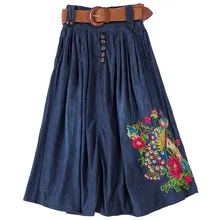 Летняя женская длинная юбка Модная Джинсовая юбка с вышивкой Высокая талия винтажная свободная плиссированная юбка плюс размер 5XL Женская одежда