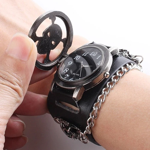  Men Black Punk Rock Chain Skull Faux Leather Bracelet Cuff Gothic Wrist Watch 