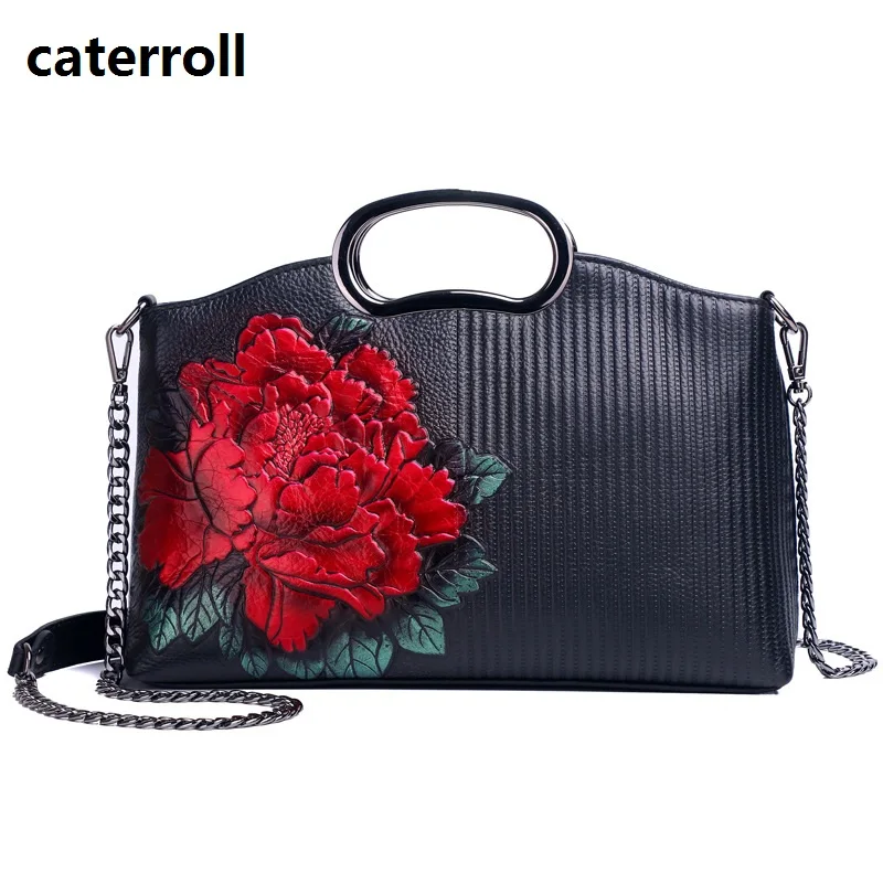 

genuine leather bag floral print female handbag chain luxury handbags women bags designer shoulder bags