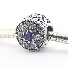 Бусины Подходит Pandora Браслеты 925 пробы серебряные ювелирные изделия DIY талисманы "Forget Me Not, фиолетовый и ясно CZ" Весна