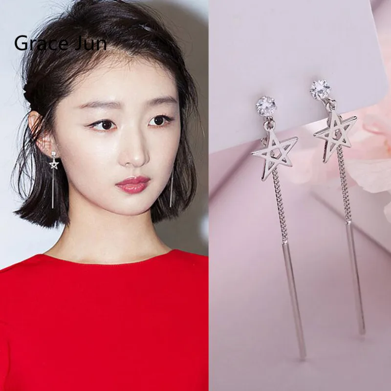 

Korea Style Fashion AAA CZ Five-pointed Long Chain Clip on Earrings for Women Fashion Luxury Pierced Earrings No Allergy Brincos