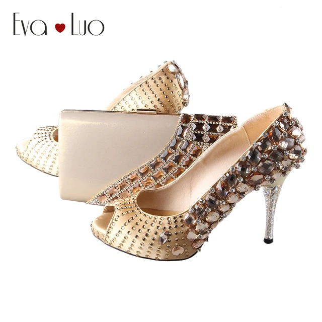 BS008 Custom Made Rhinestones Gold Shoes With Matching Bag Set Peep Toe