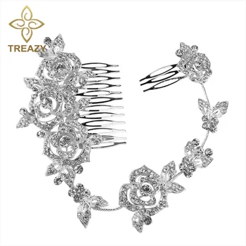 

TREAZY Fashion Gold/Silver Color Crystal Long Bridal Hair Combs Charm Princess Rose Flower Hair Accessories Wedding Hair Jewelry