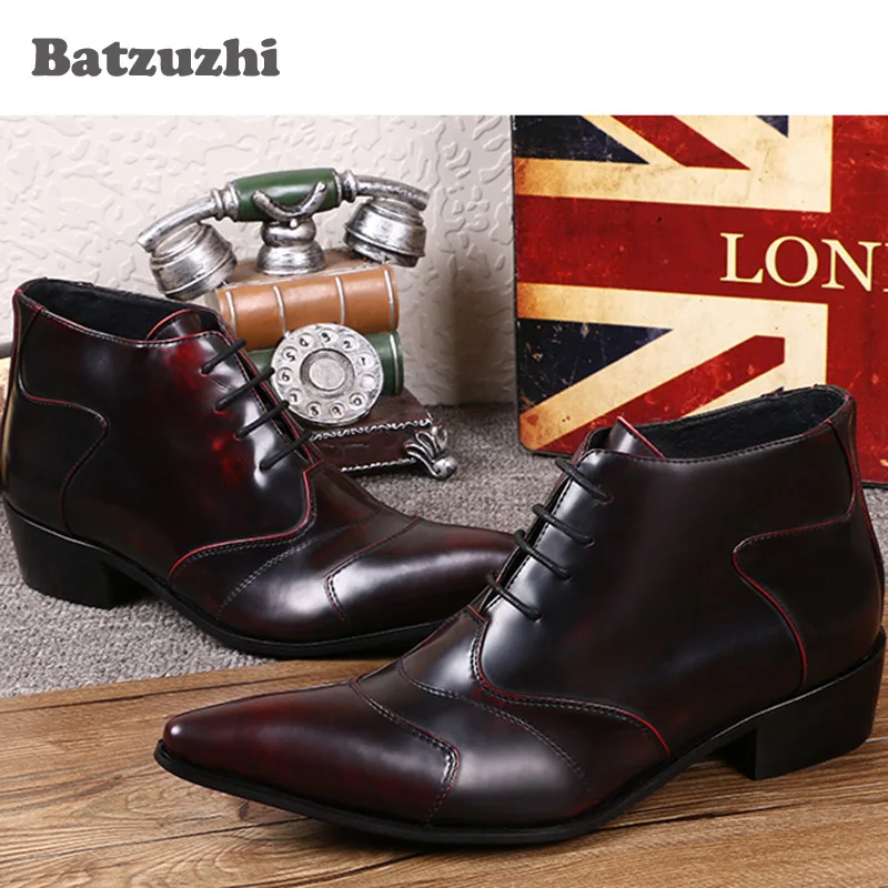 Homens personalizado Top Tornozelo Red Inicialização Cor Batzuzhi Alta Lace Sapatos Wine Couro Dos Ankle Moda Escova Up Boots Curto De Negócios daqtxRwXx