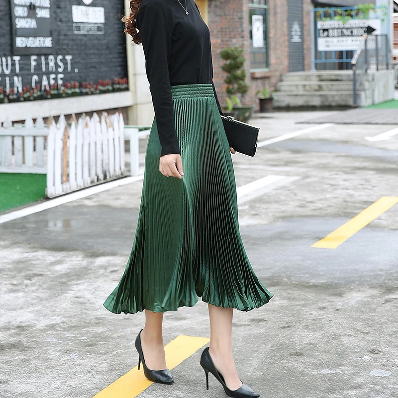 Корейская атласная шелковая плиссированная юбка для женщин, одноцветная винтажная юбка миди, элегантные юбки трапециевидной формы с высокой талией для весны и осени