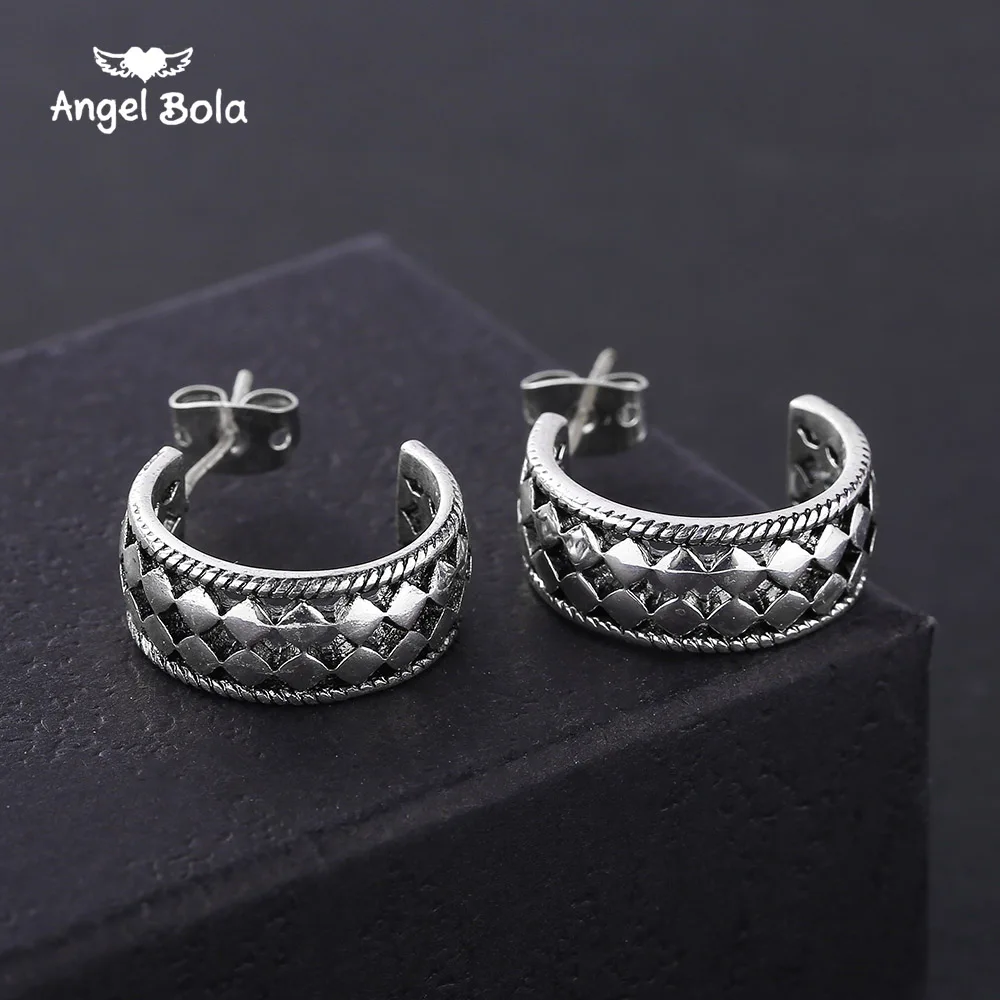 

Buddha Earrings for Women European Style Boutique Lattice Pattern Ancient Silver Color Personality Temperament Wild New Design