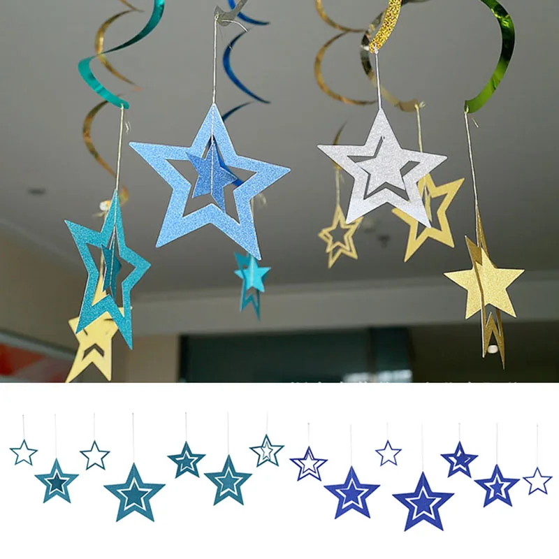 Rose Gold Hollow Star Paper Garlands Banner Hanging for Wedding Christmas Decorations Kids Birthday Party Supplies Baby Shower