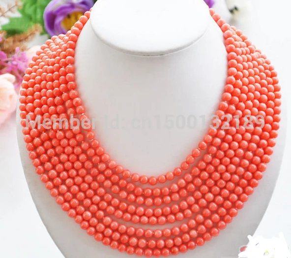 

j005460 Real 8row 16"~22" 6MM round pink coral bead necklace