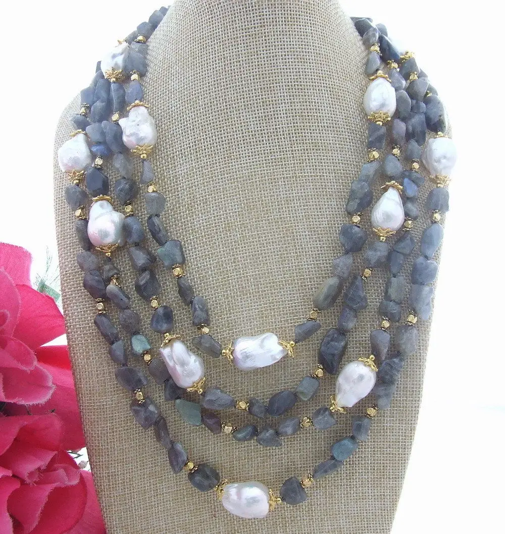 

S040308 4Strands 22MM White Keshi Pearl Labradorite Necklace